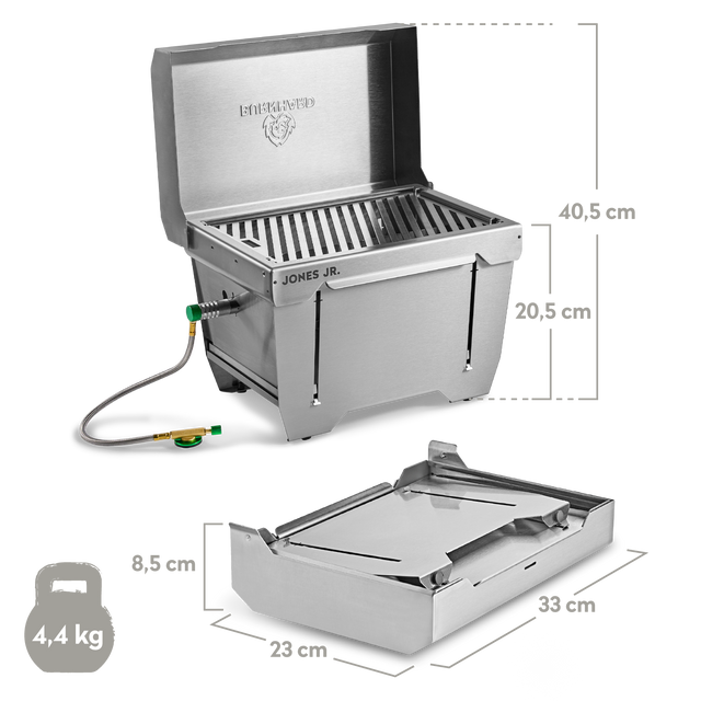 Burnhard JONES Jr. 1-Brenner Klappgrill Maße aufegklappter Deckel 40,5 cm Höhe und zugeklappter Deckel 27,5 cm Höhe, zusammengeklappt 23 x 33 x 8,5 cm, Gewicht 4,4 kg