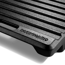 Material Detail mit Logo der Gusseisen Grillplatte 2-in-1 für modularen Gasgrill GRANT 