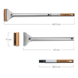 Draufsicht Pizzaofen-Bürste Einzelteile mit Bemaßungen 66,5 cm Gesamtlänge und 11 cm Breite