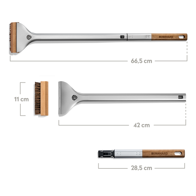 Draufsicht Pizzaofen-Bürste Einzelteile mit Bemaßungen 66,5 cm Gesamtlänge und 11 cm Breite