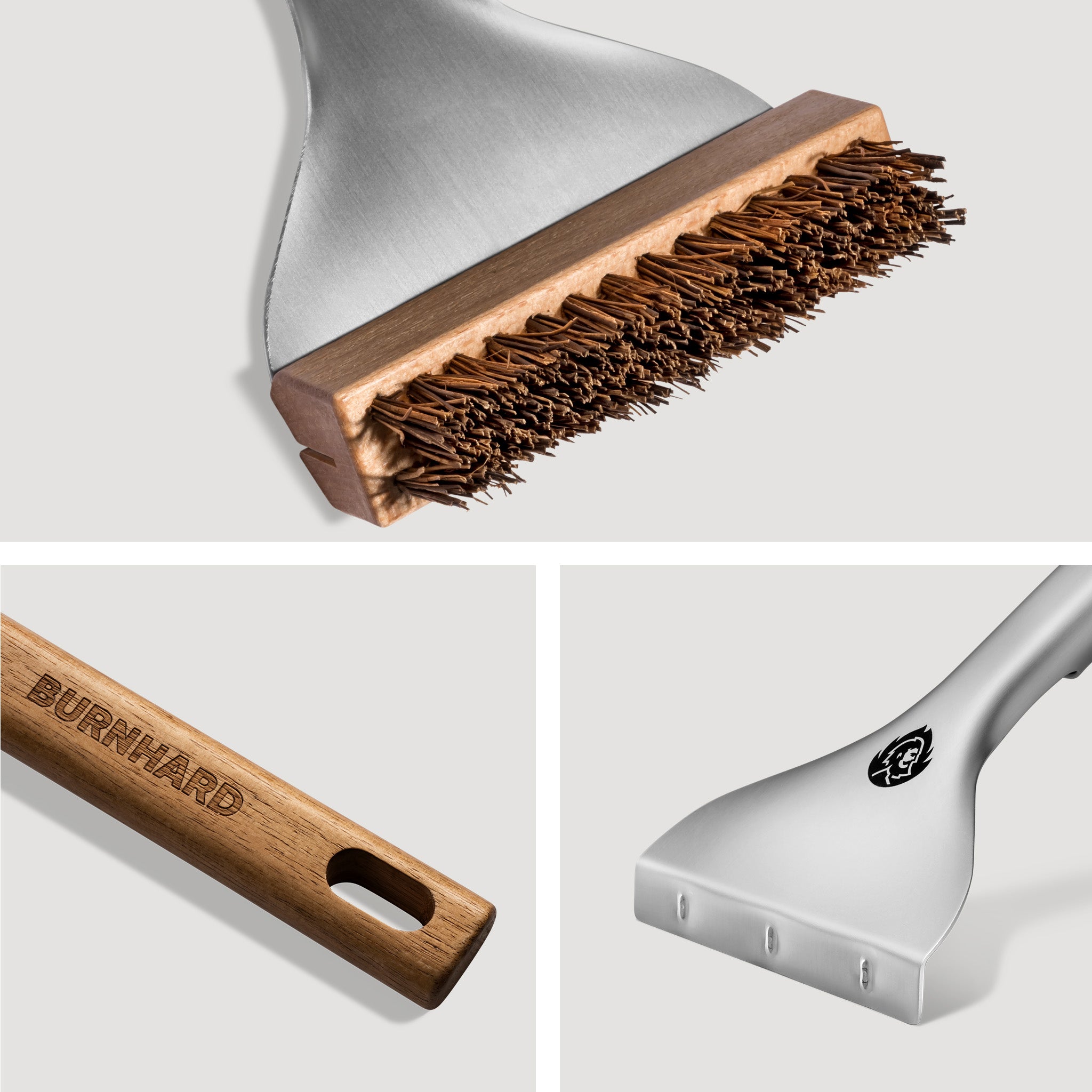 Detailcollage: Palmyra Borstenkopf, Akazienholzgriff und Edelstahl-Schaber