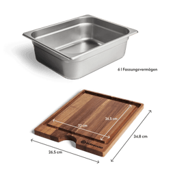 Edelstahlbehälter 6 l Volumen und Schneidebrett mit Maßangaben 26,5 x 34,8 cm (Schnittfläche 22 x 26,6 cm) für den BURNHARD FRED Series 4
946755_946756_947104