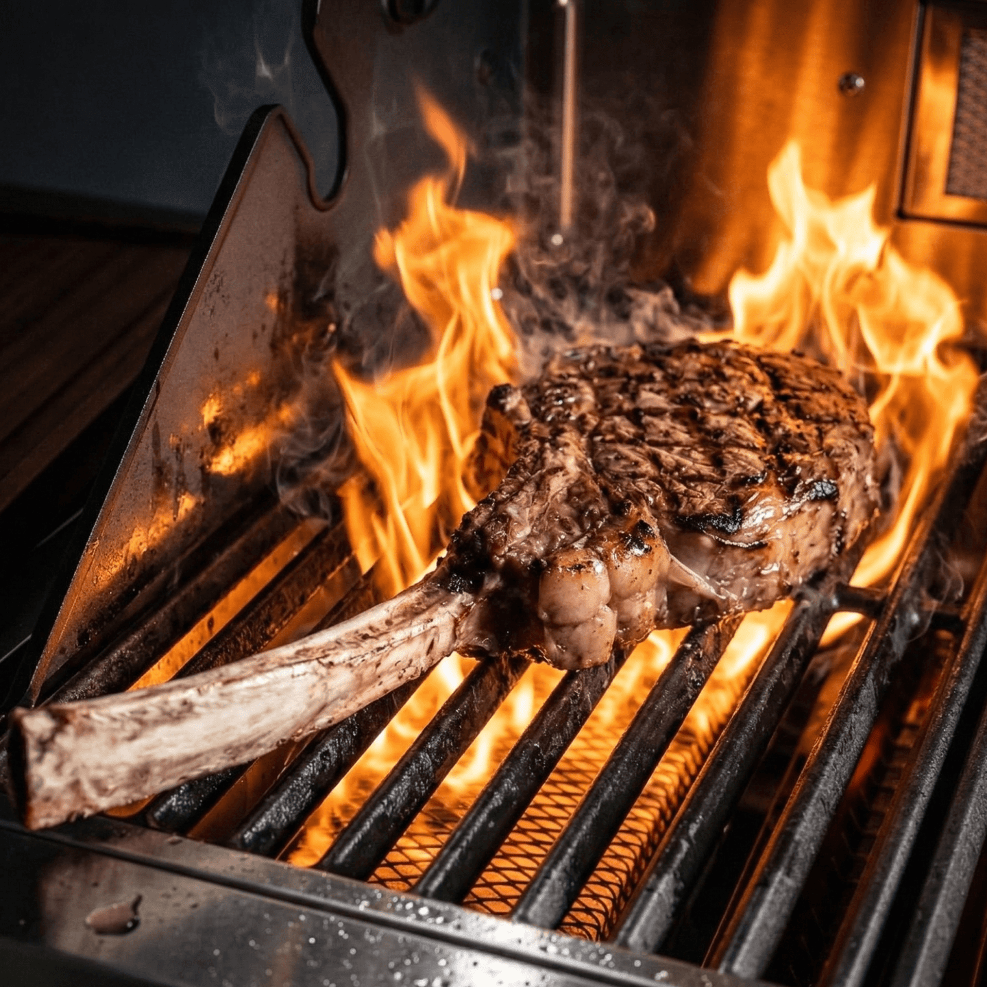 Gusseisen-Grillrost im Einsatz mit Steak über offener Flamme auf dem Gasgrill 946761_946763_946765_946767_