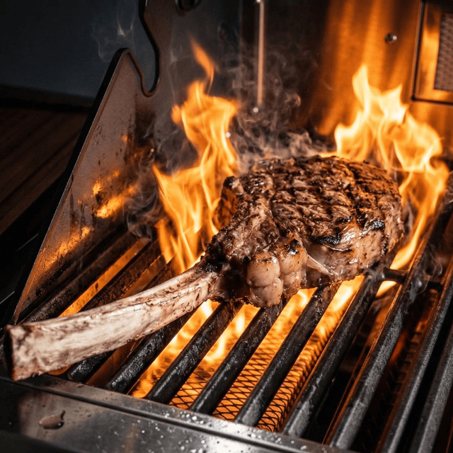 Gusseisen-Grillrost im Einsatz mit Steak über offener Flamme auf dem Gasgrill 946761_946763_946765_946767_