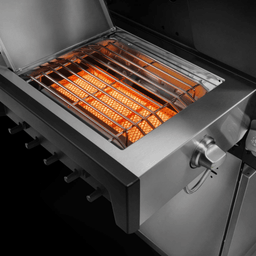 Infrarot-Keramikbrenner im Seitentisch in Edelstahl mit glühender Keramikfläche und geöffnetem Deckel 946776 