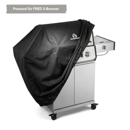 947116 Schwarze Abdeckhaube pasend für FRED 3-Brenner Gasgrill, locker über Grill gelegt, Seitenansicht
946757