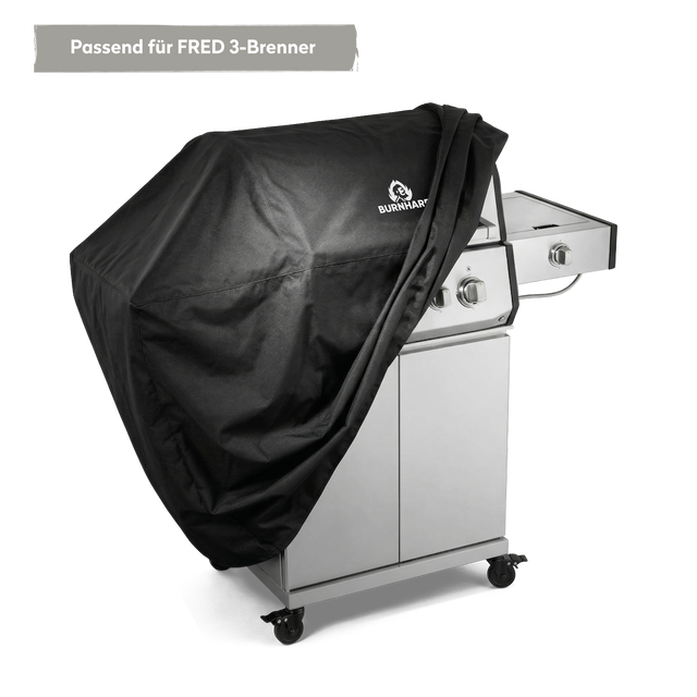 947116 Schwarze Abdeckhaube pasend für FRED 3-Brenner Gasgrill, locker über Grill gelegt, Seitenansicht
946757