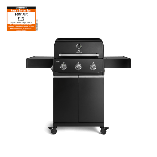 947124, 947125 FRED Gasgrill mit 3 Brennern in Schwarz mit geschlossenem Unterschrank und seitlichen Ablagen