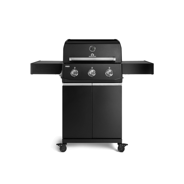 947124, 947125 FRED Gasgrill mit 3 Brennern in Schwarz mit geschlossenem Unterschrank und seitlichen Ablagen