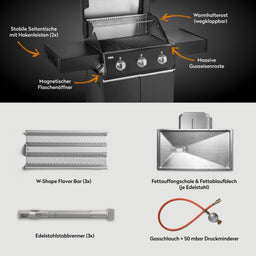 947124 FRED 3-Brenner Gasgrill mit Gusseisenrosten, Warmhalterost und Lieferumfang im Überblick