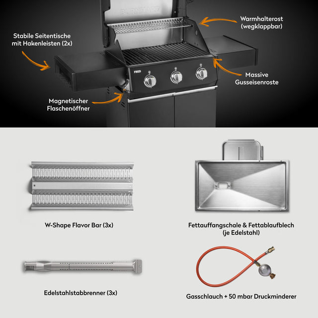 947124 FRED 3-Brenner Gasgrill mit Gusseisenrosten, Warmhalterost und Lieferumfang im Überblick