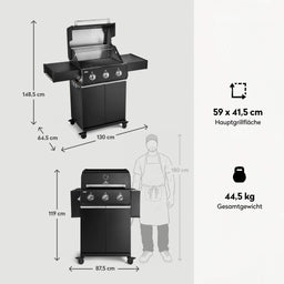 947124 FRED 3-Brenner Gasgrill mit Gusseisenrosten, Maßen, Hauptgrillfläche und Gesamtgewicht im Überblick