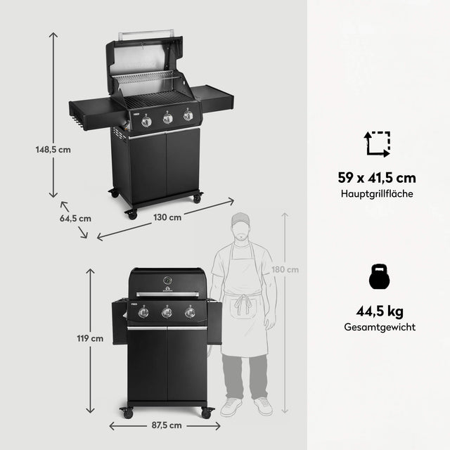 947124 FRED 3-Brenner Gasgrill mit Gusseisenrosten, Maßen, Hauptgrillfläche und Gesamtgewicht im Überblick