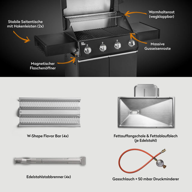 947136 Big FRED 4-Brenner Gasgrill mit Gusseisenrosten, Warmhalterost und Lieferumfang im Überblick