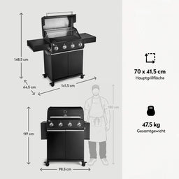 947136 Big FRED 4-Brenner Gasgrill mit Gusseisenrosten, Maßen, Hauptgrillfläche und Gesamtgewicht im Überblick