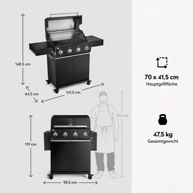 947136 Big FRED 4-Brenner Gasgrill mit Gusseisenrosten, Maßen, Hauptgrillfläche und Gesamtgewicht im Überblick