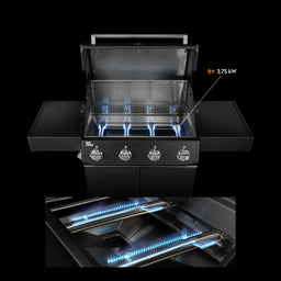 947136, 947137 Big FRED 4-Brenner Gasgrill mit geöffneter Brennkammer und Edelstahl-Stabbrennern