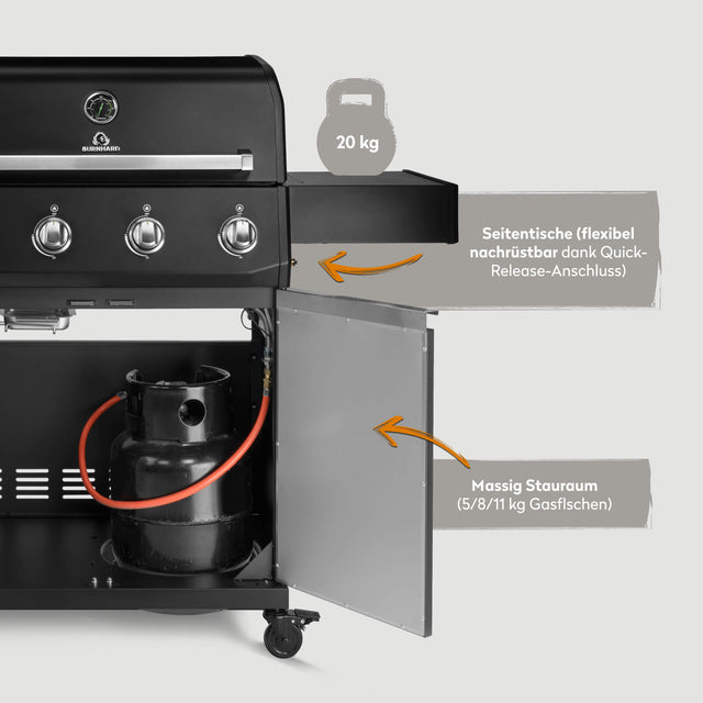 947136, 947137 Big FRED 4-Brenner Gasgrill mit Stauraum für Gasflasche und nachrüstbarer Seitentisch