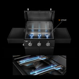 947124, 947125 FRED 3-Brenner Gasgrill mit geöffneter Brennkammer und Edelstahl-Stabbrennern