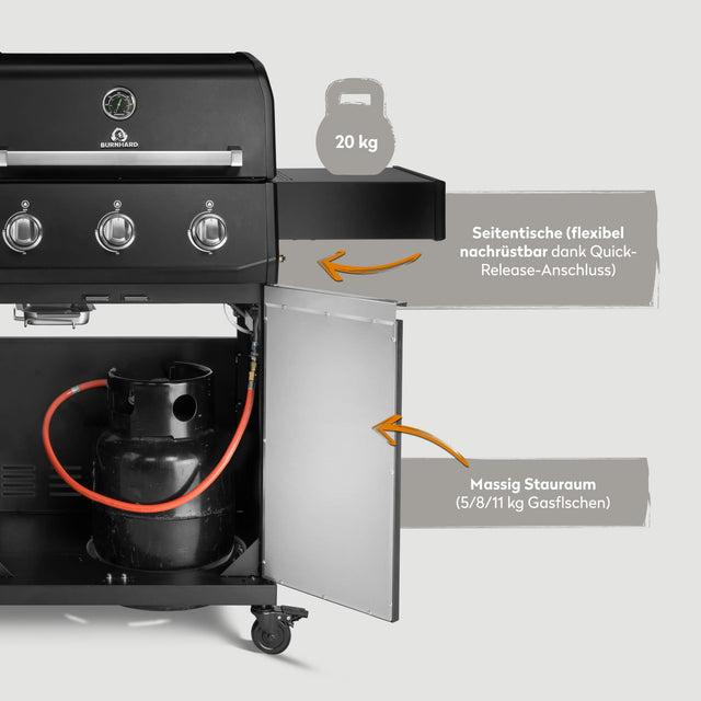 947124, 947125 FRED 3-Brenner Gasgrill mit Stauraum für Gasflasche und nachrüstbarer Seitentisch