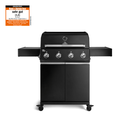 947136, 947137 Big FRED Gasgrill mit 4 Brennern in Schwarz mit geschlossenem Unterschrank und seitlichen Ablagen