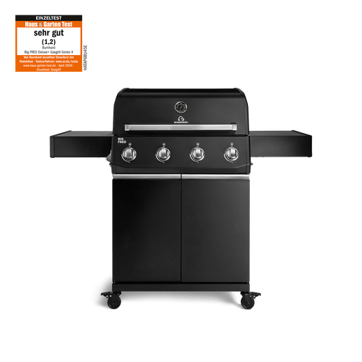 947136, 947137 Big FRED Gasgrill mit 4 Brennern in Schwarz mit geschlossenem Unterschrank und seitlichen Ablagen