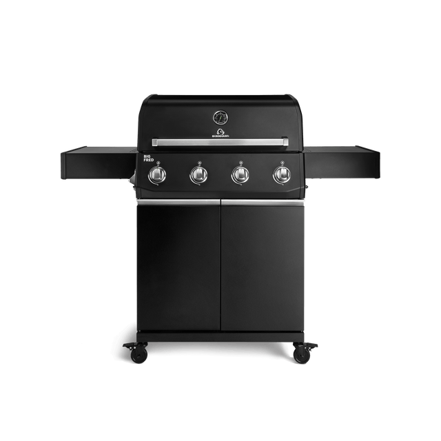 947136, 947137 Big FRED Gasgrill mit 4 Brennern in Schwarz mit geschlossenem Unterschrank und seitlichen Ablagen