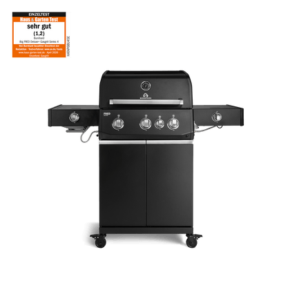 947134, 947135 FRED Deluxe Plus 3-Brenner Gasgrill in Schwarz mit Seitenkochfeld, Food Container und geschlossenem Unterschrank