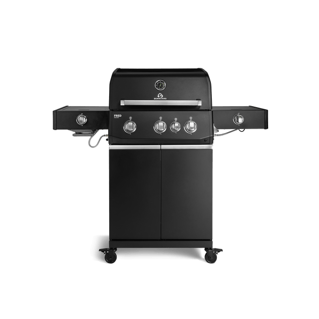 947134, 947135 FRED Deluxe Plus 3-Brenner Gasgrill in Schwarz mit Seitenkochfeld, Food Container und geschlossenem Unterschrank