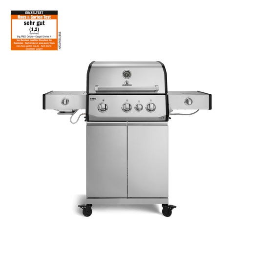 947132, 947133 FRED Deluxe Plus 3-Brenner Gasgrill in Edelstahl mit Seitenkochfeld, Food Container und geschlossenem Unterschrank