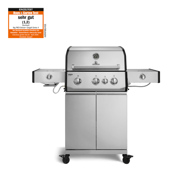 947132, 947133 FRED Deluxe Plus 3-Brenner Gasgrill in Edelstahl mit Seitenkochfeld, Food Container und geschlossenem Unterschrank