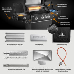 947134 FRED Deluxe Plus 3-Brenner Gasgrill in Schwarz mit Gusseisenrosten, Warmhalterost und Lieferumfang im Überblick