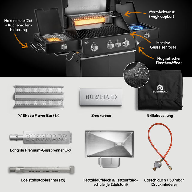 947134 FRED Deluxe Plus 3-Brenner Gasgrill in Schwarz mit Gusseisenrosten, Warmhalterost und Lieferumfang im Überblick
