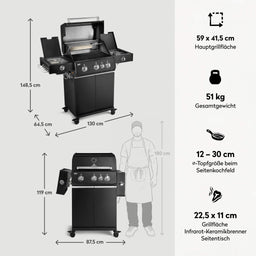 947134 FRED Deluxe Plus 3-Brenner Gasgrill in Schwarz mit Gusseisenrosten, Maßen, Hauptgrillfläche und Gesamtgewicht im Überblick