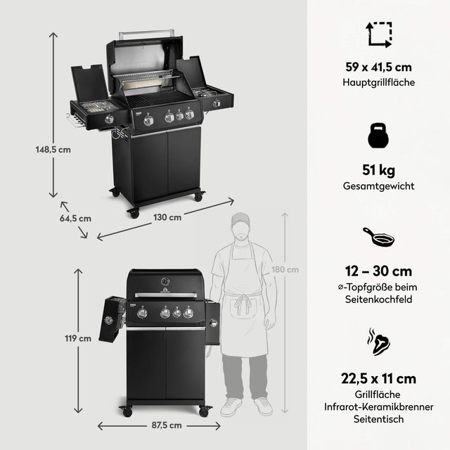 947134 FRED Deluxe Plus 3-Brenner Gasgrill in Schwarz mit Gusseisenrosten, Maßen, Hauptgrillfläche und Gesamtgewicht im Überblick