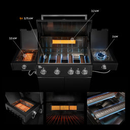 947146, 947147 Big FRED Deluxe Plus 4-Brenner Gasgrill in Schwarz mit Infrarot-Heckbrenner, Infrarot-Keramikbrenner und geöffneter Brennkammer