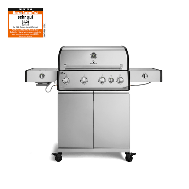 947144, 947145 Big FRED Deluxe Plus 4-Brenner Gasgrill in Edelstahl mit Infrarot-Keramikbrenner, Seitenkochfeld und geschlossenem Unterschrank