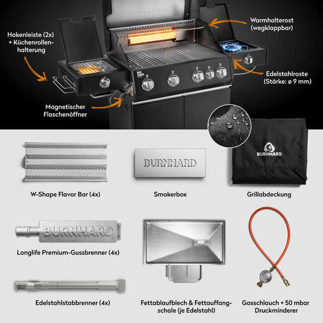 947146 Big FRED Deluxe Plus 4-Brenner Gasgrill in Schwarz mit Edelstahlrosten, Smokerbox und Lieferumfang im Überblick