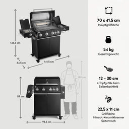 947146 Big FRED Deluxe Plus 4-Brenner Gasgrill in Schwarz mit Edelstahlrosten, Maßen, Hauptgrillfläche und Gesamtgewicht im Überblick