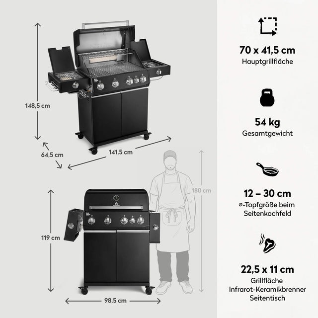 947146 Big FRED Deluxe Plus 4-Brenner Gasgrill in Schwarz mit Edelstahlrosten, Maßen, Hauptgrillfläche und Gesamtgewicht im Überblick