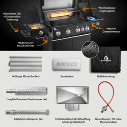 947147 Big FRED Deluxe Plus 4-Brenner Gasgrill in Schwarz mit Gusseisenrosten, Smokerbox und Lieferumfang im Überblick