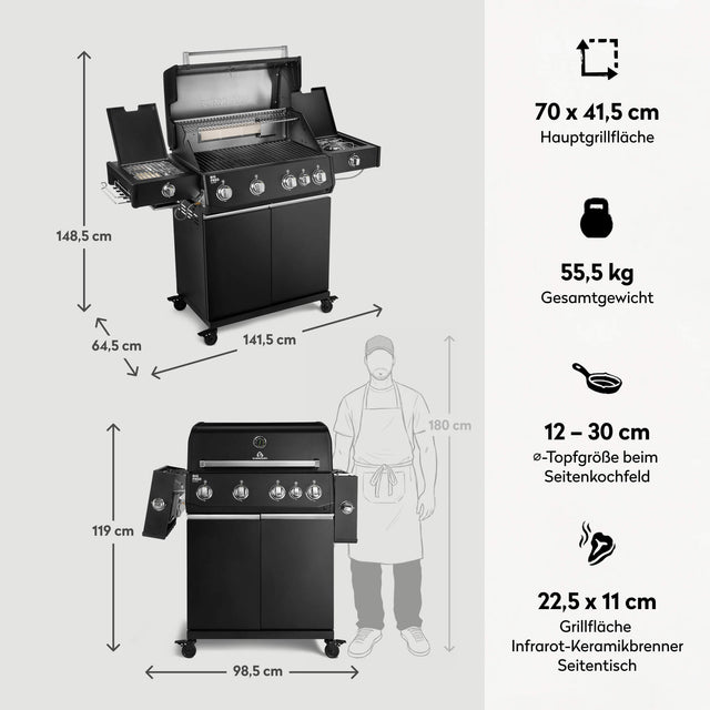 947147 Big FRED Deluxe Plus 4-Brenner Gasgrill in Schwarz mit Gusseisenrosten, Maßen, Hauptgrillfläche und Gesamtgewicht im Überblick