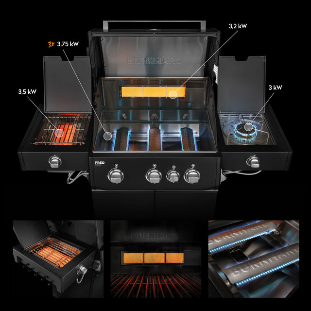 947134, 947135 FRED Deluxe Plus 3-Brenner Gasgrill in Schwarz mit Infrarot-Heckbrenner, Seitenkochfeld und geöffneter Brennkammer