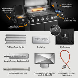 947155 Fat FRED Deluxe Plus 6-Brenner Gasgrill in Schwarz mit Edelstahlrosten, Smokerbox und Lieferumfang im Überblick