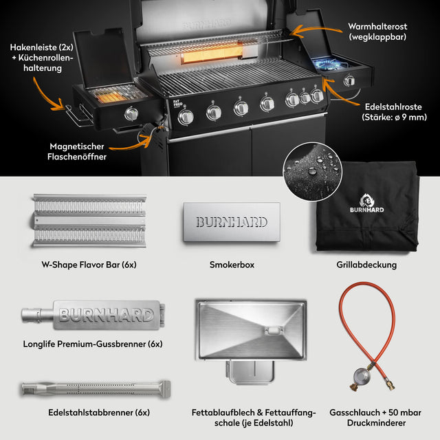 947155 Fat FRED Deluxe Plus 6-Brenner Gasgrill in Schwarz mit Edelstahlrosten, Smokerbox und Lieferumfang im Überblick