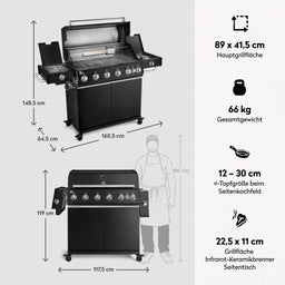 947155 Fat FRED Deluxe Plus 6-Brenner Gasgrill in Schwarz mit Edelstahlrosten, Maßen, Hauptgrillfläche und Gesamtgewicht im Überblick