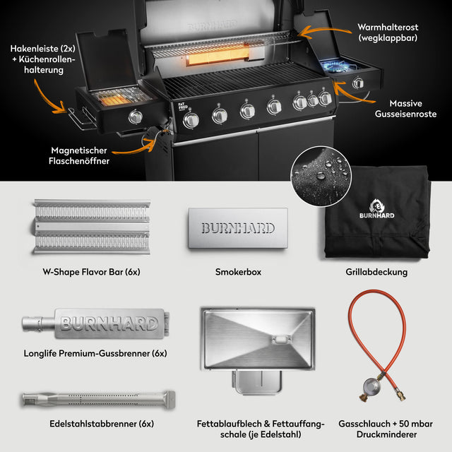 947154 Fat FRED Deluxe Plus 6-Brenner Gasgrill in Schwarz mit Gusseisenrosten, Smokerbox und Lieferumfang im Überblick