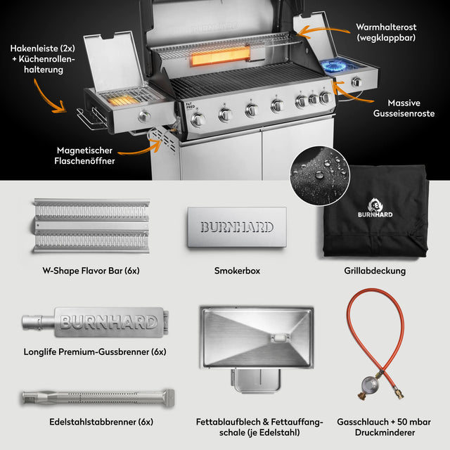 947152 Fat FRED Deluxe Plus 6-Brenner Gasgrill in Edelstahl mit Gusseisenrosten, Smokerbox und Lieferumfang im Überblick