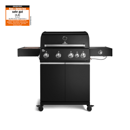 947140, 947141 Big FRED Deluxe 4-Brenner Gasgrill in Schwarz mit Seitenkochfeld, Food Container und geschlossenem Unterschrank