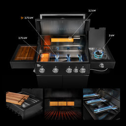 947140, 947141 Big FRED Deluxe 4-Brenner Gasgrill in Schwarz mit Infrarot-Heckbrenner, Seitenkochfeld und geöffneter Brennkammer